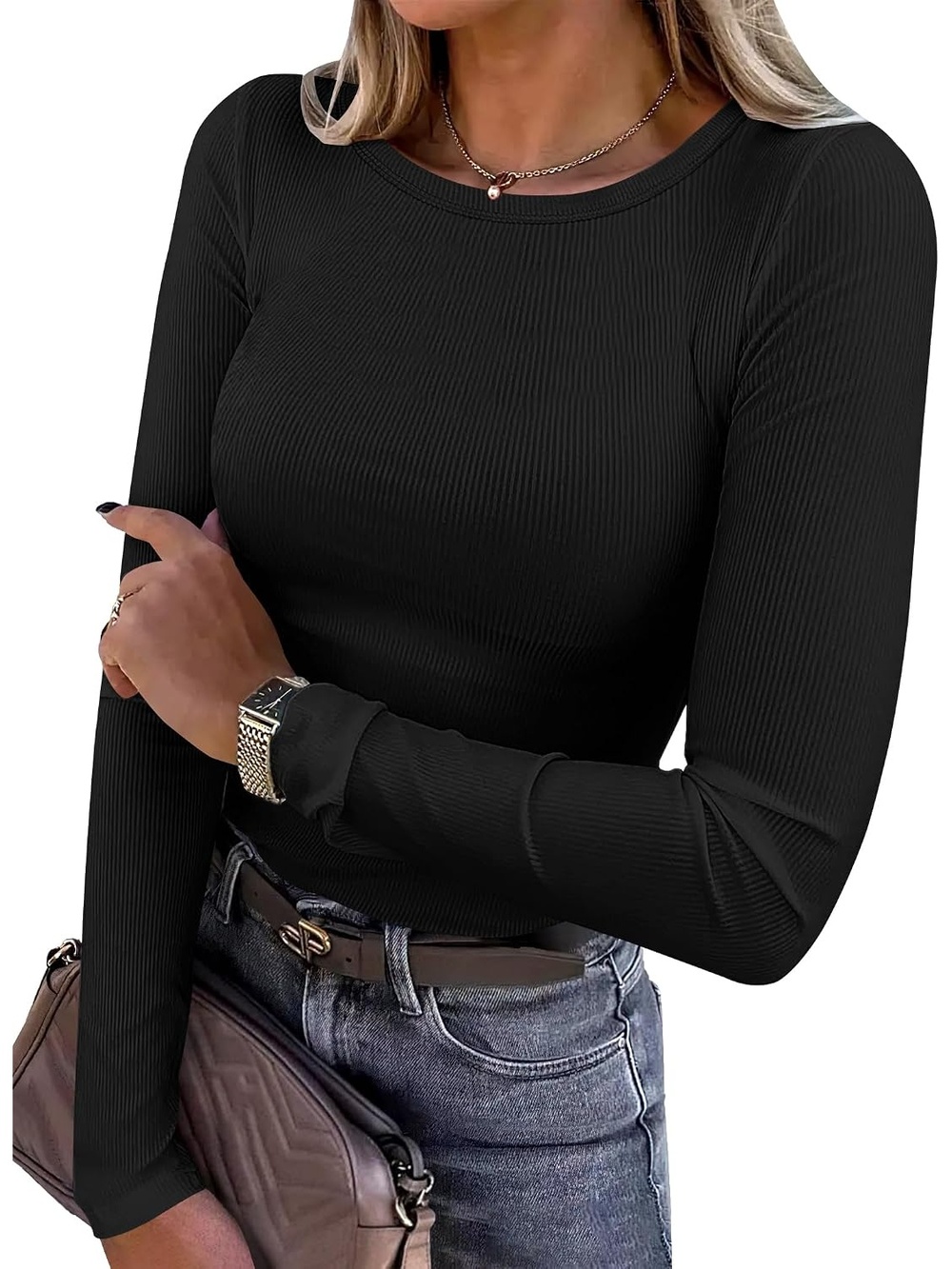 Women's Black Slim Basic Lightweight Knit Long Sleeve Shirts Ribbed Fitted Tops